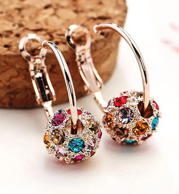 Colorful crystal ball earrings with gold hoops