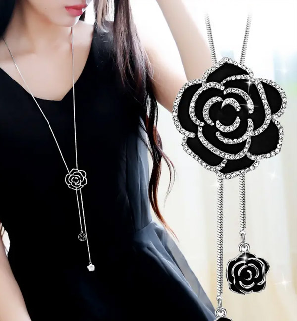 Black rose pendant long necklace with sparkling rhinestones