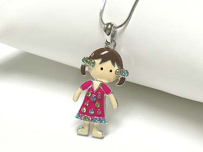 Crystal stud metal epoxy nodding girl pendant necklace