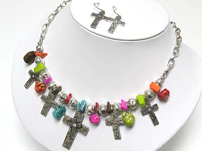 Natural stone and metal cross dangle neckalce and earring set