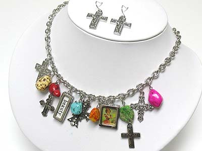 Natural stone and metal cross and picture frame dangle neckalce and earring set