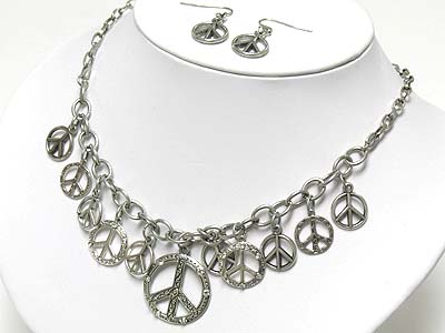 Multi peace mark dangle metal chain neckalce and earring set