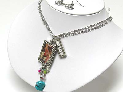 Natural stone dangle picture frame pendant necklace and earring set