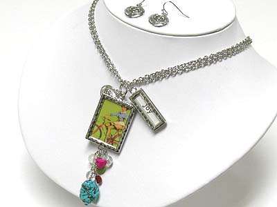 Natural stone dangle picture frame pendant necklace and earring set