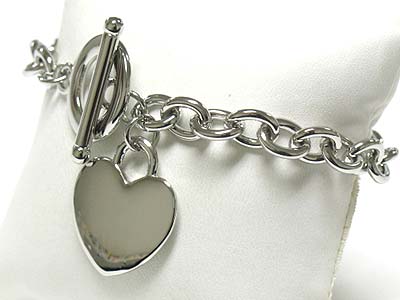 Solid metal heart charm and chain toggle bracelet