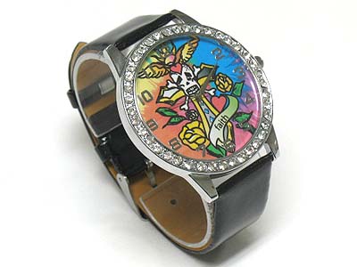 Tattoo background crystal round face watch