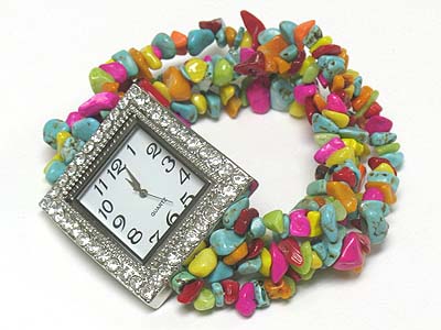 Crystal square face mixed natural chip stone stretch watch