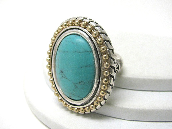 Oval turquoise and patterned metal stretch ring