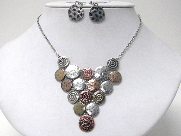 Hammered metal disk link bib style necklace earring set