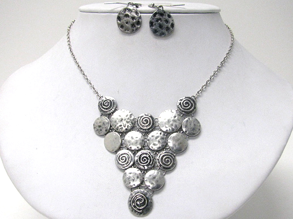 Hammered metal disk link bib style necklace earring set