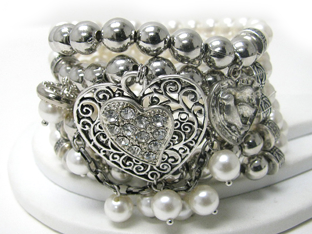 Crystal stud metal filigree heart dangle metal and pearl ball link stretch bracelet