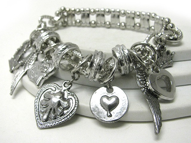 Multi angel wing and heart charm spacer bead link stretch bracelet