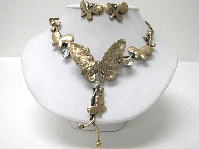 Crystal and hammered metal butterfly link neckace earring set