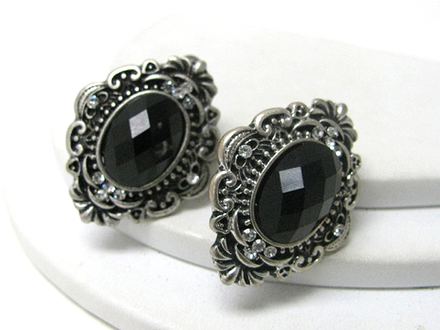 Retro vintage facet glass stone and metal filigree oval earring