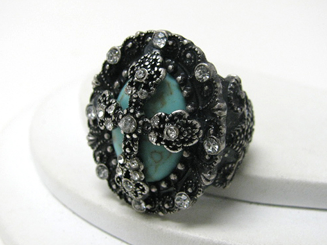 Retro vintage crystal cross on turquoise stone stretch ring