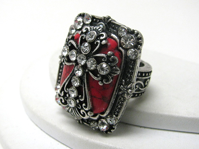 Retro vintage crystal cross on coral stone stretch ring