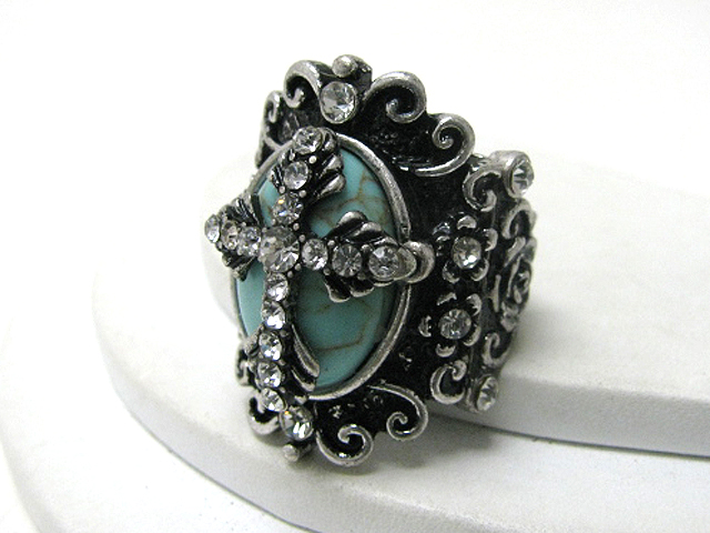 Retro vintage crystal cross on turquoise stone stretch ring