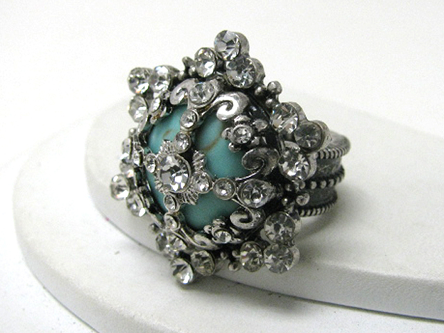 Retro vintage crystal cross on turquoise stone stretch ring