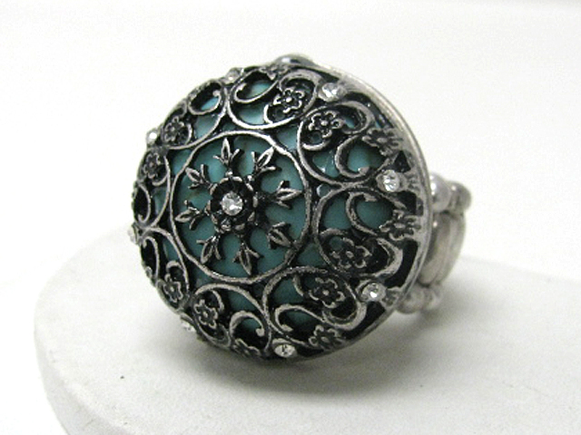 Retro vintage glam punk rock turquoise and metal art puffy round strech ring