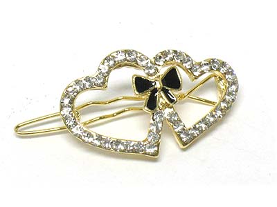 Crystal side deco double hearts with ribbon hair pin