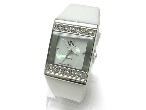 Crystal stud square face slim rubber band watch