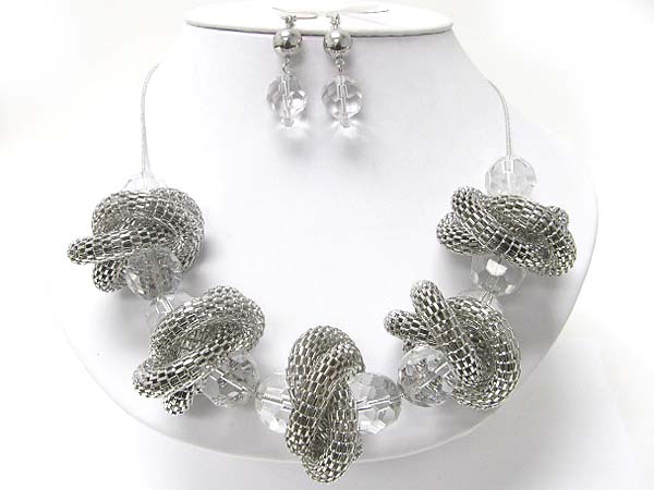 Metal mesh tube chain and facet glass beads deco necklace earring set