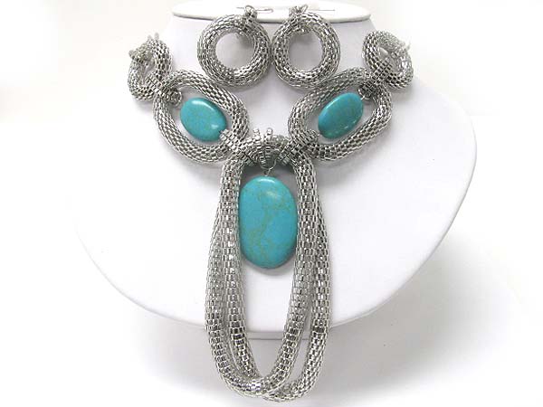 Turquoise stone and metal mesh tube chain deco necklace earring set