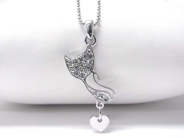 Made in korea whitegold plating crystal stud cat and heart dangle necklace