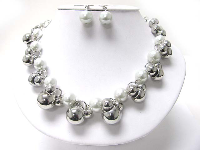 Pearl and metal ball necklace earring set