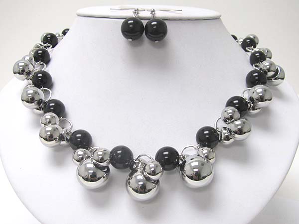 Pearl and metal ball necklace earring set