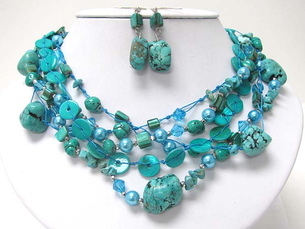 Multi strand turquoise and natural chip stone necklace earring set