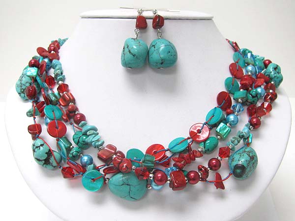 Multi strand turquoise and natural chip stone necklace earring set 