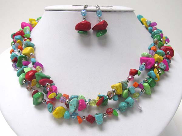 Multi strand turquoise and natural chip stone necklace earring set 