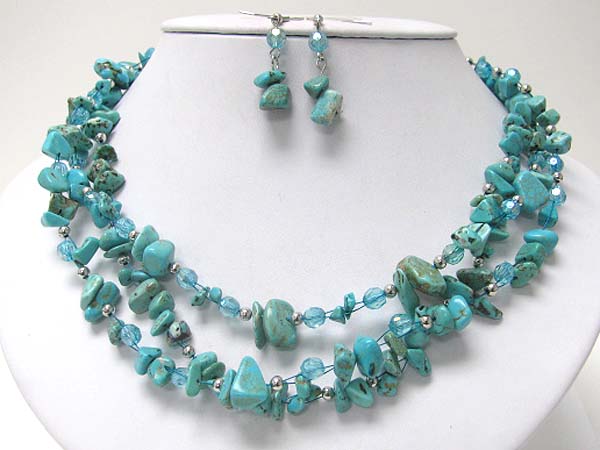 Multi strand turquoise and natural chip stone necklace earring set