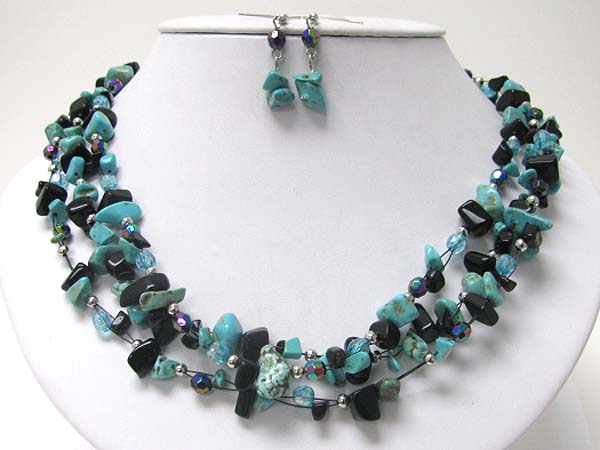 Multi strand turquoise and natural chip stone necklace earring set 