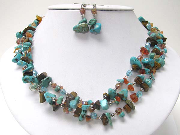 Multi strand turquoise and natural chip stone necklace earring set 