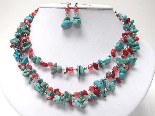 Multi strand turquoise and natural chip stone necklace earring set 