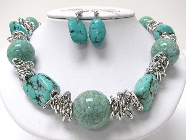 Turquoise stone and ceramic ball necklace earring set