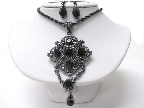 Crystal hanging flower pandent thick chain necklace earring set