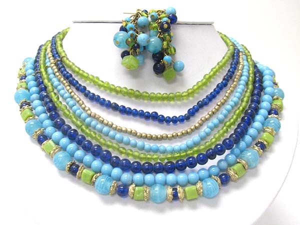 Multi strand mixed acryl beads necklace earring set