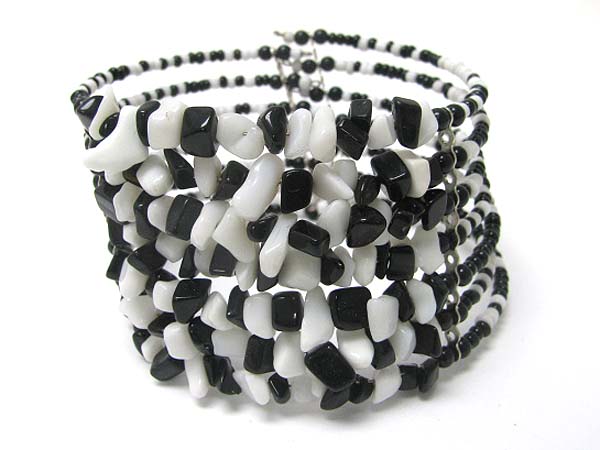 Multi row natural chip stone and seed beads coil stretch bracelet