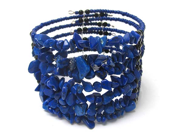 Multi row natural chip stone and seed beads coil stretch bracelet