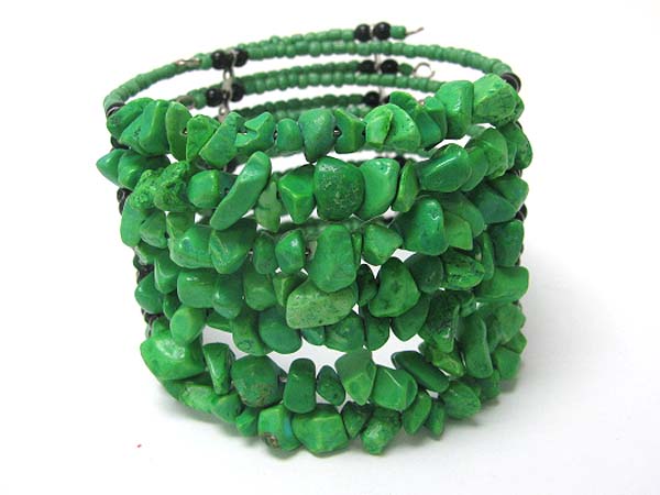 Multi row natural chip stone and seed beads coil stretch bracelet