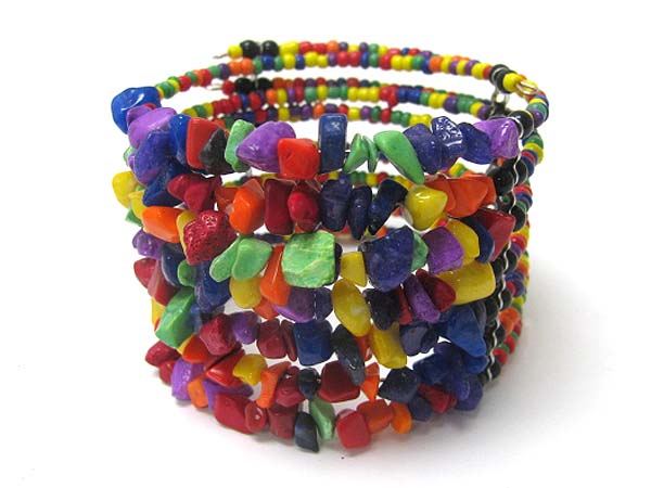 Multi row natural chip stone and seed beads coil stretch bracelet