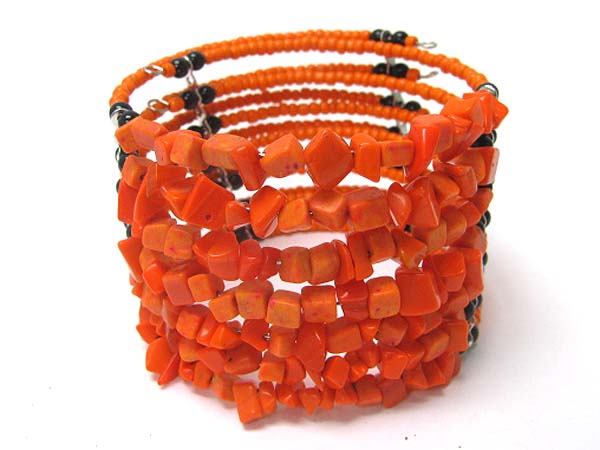 Multi row natural chip stone and seed beads coil stretch bracelet