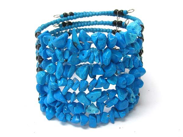 Multi row natural chip stone and seed beads coil stretch bracelet