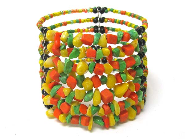 Multi row natural chip stone and seed beads coil stretch bracelet