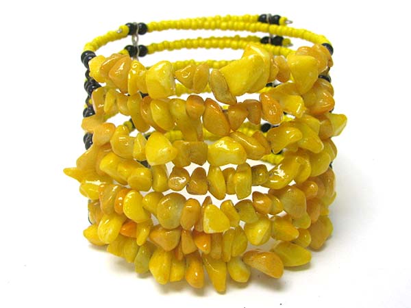 Multi row natural chip stone and seed beads coil stretch bracelet