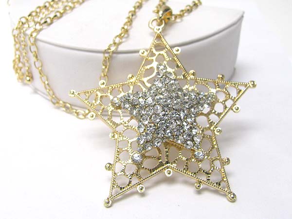 Crystal stud metal double layer star pendant long necklace