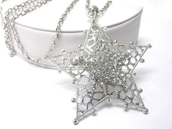 Crystal stud metal double layer star pendant long necklace